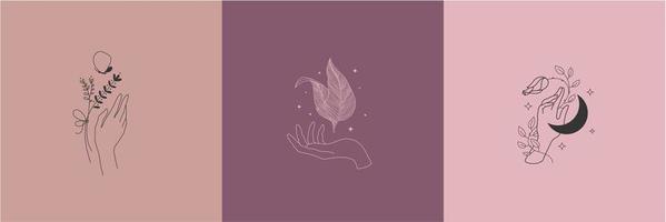 vector conjunto de manos lineales dibujadas a mano sosteniendo hojas, plantas, flores, luna. ilustraciones modernas, plantillas de logotipos minimalistas. colección de logotipos de belleza oculta con mano, rosa, luna, hojas