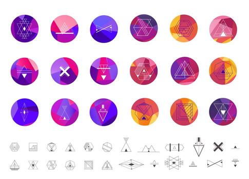 Vector set of abstract sacred geometry symbol vector elements template, logos on facet circle background. Hipster tribal line