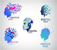 Vector set of human head, creative mind, think logos. Digital man