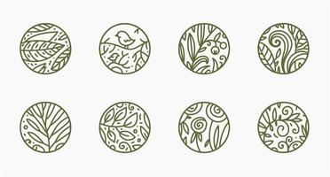 Vector set of linear nature logos. Abstract badges, eco products, cosmetics, ecology concepts, health, spa, yoga, social net highlights. Leaves, flowers, birds