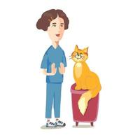 Pet cat receiving Reiki treatment from practitioner. Alternative medicine for pets. Happy cat. Veterinary. Ginger cat, pet doctor. Isolated, vector illustration