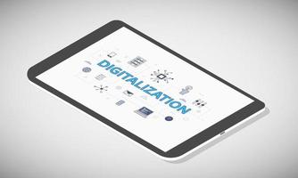 digitalization technology concept on tablet screen with isometric 3d style vector