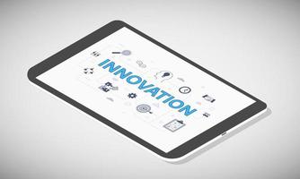 concepto de innovación empresarial en la pantalla de la tableta con estilo isométrico 3d vector