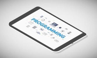 programming technology concept on tablet screen with isometric 3d style vector