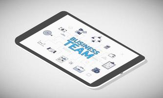 business team concept on tablet screen with isometric 3d style vector