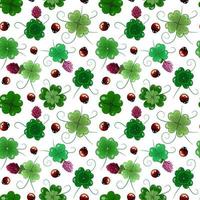 Vector seamless pattern of clover leaves and blooming flowers, plant sprout and ladybirds on a transparent background. St. Patrick's Day digital paper.