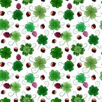 Vector seamless pattern of clover leaves and blooming flowers, plant sprout and ladybirds on a transparent background. St. Patrick's Day digital paper.