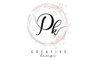 Handwritten PK P k letter logo with sparkling circles with pink glitter. vector