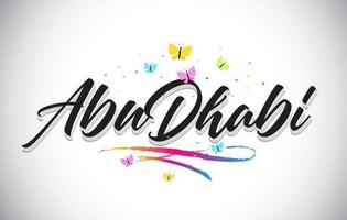 AbuDhabi Handwritten Vector Word Text with Butterflies and Colorful Swoosh.