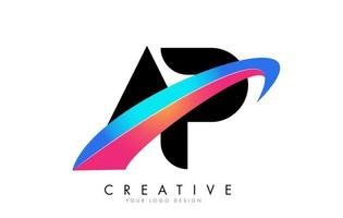 AP letter logo with bright gradient swash design. vector