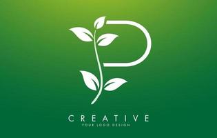 White Leaf Letter P Logo Design with Leaves on a Branch and Green Background. Letter P with nature concept. vector