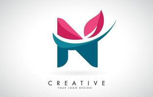 Letra n azul y roja con hoja y diseño de logotipo swoosh creativo. vector