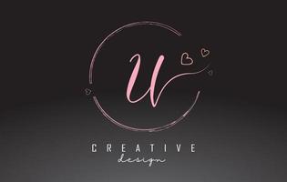 Handwritten U Letter Logo Design with Dust Pink Watercolor Ring and Outline Hearts. vector