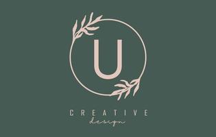 Letter U Logo with circle frame and pastel leaves design. Rounded vector illustration with letter U and pastel leaf.