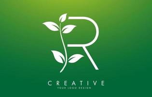 White Leaf Letter R Logo Design with Leaves on a Branch and Green Background. Letter R with nature concept. vector