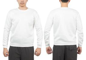 Young man in white sweatshirt mockup front and back used as design template, isolated on white background with clipping path photo