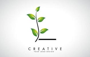 Diseño de logotipo de letra l de hoja con hojas verdes en una rama. letra l con concepto de naturaleza. vector