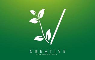 White Leaf Letter V Logo Design with Leaves on a Branch and Green Background. Letter V with nature concept vector