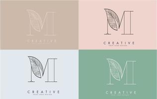 Outline Letter M Logo icon with Wired Leaf Concept Design on colorful backgrounds. vector