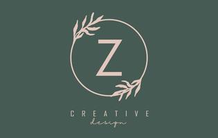 Letter Z Logo with circle frame and pastel leaves design. Rounded vector illustration with letter Z and pastel leaf.