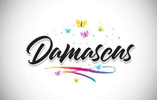 Damascus Handwritten Vector Word Text with Butterflies and Colorful Swoosh.