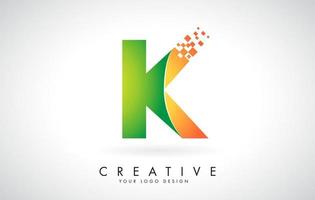 Letter K Logo Design in Bright Colors with Shattered Small blocks on white background.