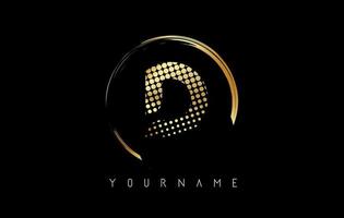 Golden D letter logo design with golden dots and circle frame on black background. vector