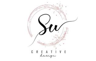 Handwritten SU S U letter logo with sparkling circles with pink glitter. vector