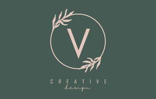 Letter V Logo with circle frame and pastel leaves design. Rounded vector illustration with letter V and pastel leaf.