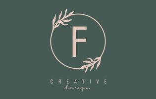 Letter F Logo with circle frame and pastel leaves design. Rounded vector illustration with letter F and pastel leaf.