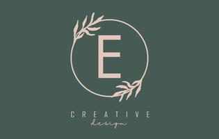 Letter E Logo with circle frame and pastel leaves design. Rounded vector illustration with letter E and pastel leaf.