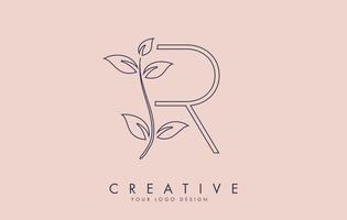 Outline Leaf Letter R Logo Design with Leaves on a Branch and Pink Background. Letter R with nature concept. vector