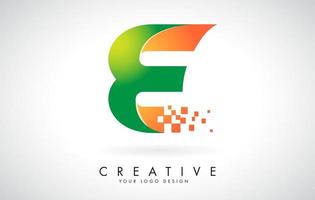 Letter E Logo Design in Bright Colors with Shattered Small blocks on white background.