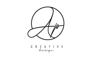 Handwriting letters AP A P logo design with simple circle vector illustration.