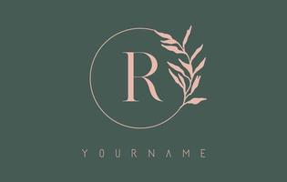 R Letter logo design with dust pink circle and leaves on a green background. Initial Letter R Vector Illustration with Botanical elements.