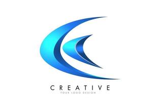 Logotipo de letra c creativo con swashes azules brillantes en 3d. vector de icono de swoosh azul.