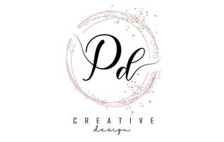 Logotipo de letra pd pd manuscrita con círculos brillantes con brillo rosa. vector