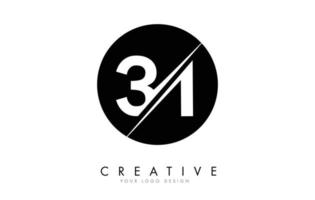 Diseño de logotipo de 31 3 1 número con un corte creativo y un fondo de círculo negro. vector