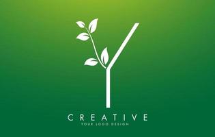 White Leaf Letter Y Logo Design with Leaves on a Branch and Green Background. Letter Y with nature concept. vector