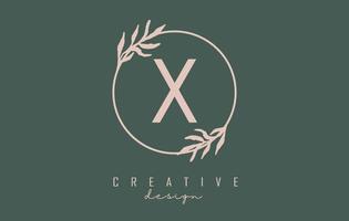 Letter X Logo with circle frame and pastel leaves design. Rounded vector illustration with letter X and pastel leaf.