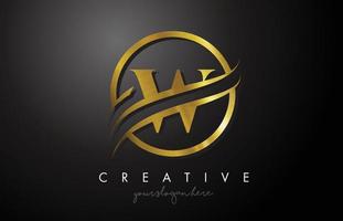 W Golden Letter Logo Design with Circle Swoosh and Gold Metal Texture vector