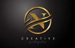 N Golden Letter Logo Design with Circle Swoosh and Gold Metal Texture vector