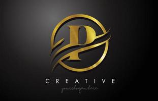 P Golden Letter Logo Design with Circle Swoosh and Gold Metal Texture vector