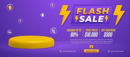 Flash sale horizontal promo banner template with 3D podium and bolt icons on purple background vector