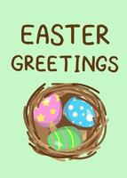 Happy Easter greeting card with bird nest and colorful eggs in it. Spring season holidays print vector