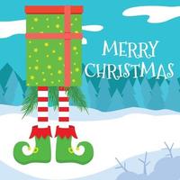 Vector illustration of a Christmas card with elf legs from a gift box in the forest