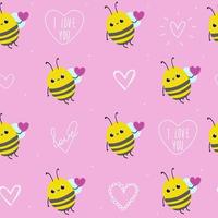 lindo doodle bebé abeja con texto de corazón te amo rosa de patrones sin fisuras minimalista dibujado a mano. textura de verano, textiles de insectos, papel tapiz para niños. día de San Valentín. vector