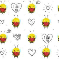 Cute doodle baby bee with heart text I love you white seamless pattern minimalist hand drawn. Summer texture, insect textiles, children wallpaper. Valentine's day. vector