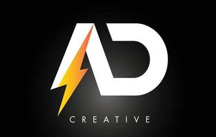 Diseño de logotipo de letra ad con iluminación thunder bolt. logotipo de letra de perno eléctrico vector