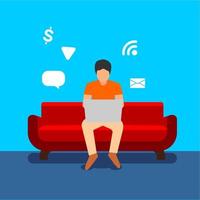 flat illustration design of a man working at home sitting and doing freelance work with his laptop vector